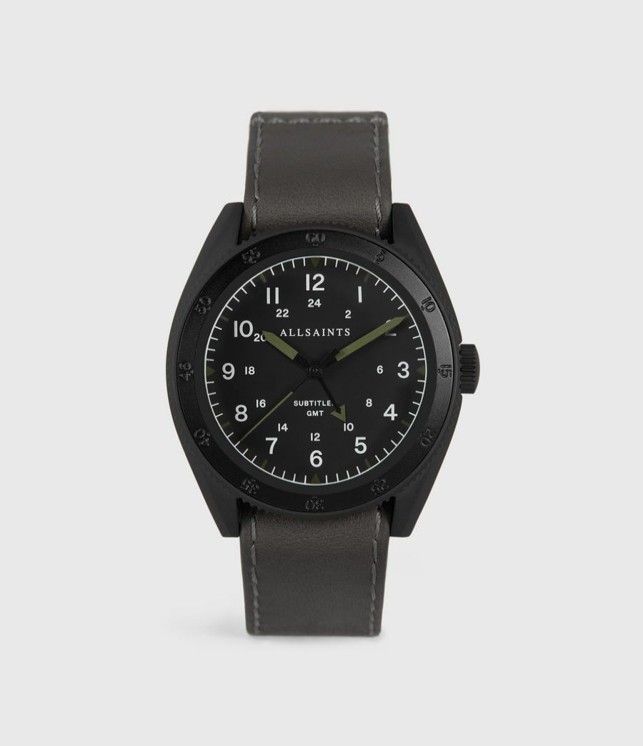 Women'S * | Shop Allsaints Subtitled Gmt Iv Matte Black Stainless Steel And Slate Leather Watch