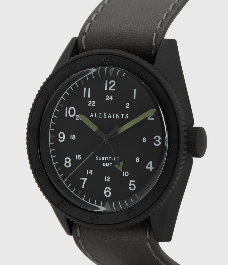 Women'S * | Shop Allsaints Subtitled Gmt Iv Matte Black Stainless Steel And Slate Leather Watch