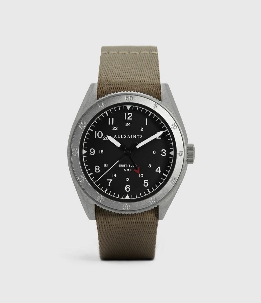 Women'S * | Shop Allsaints Subtitled Gmt Ii Stainless Steel And Grey Nylon Watch