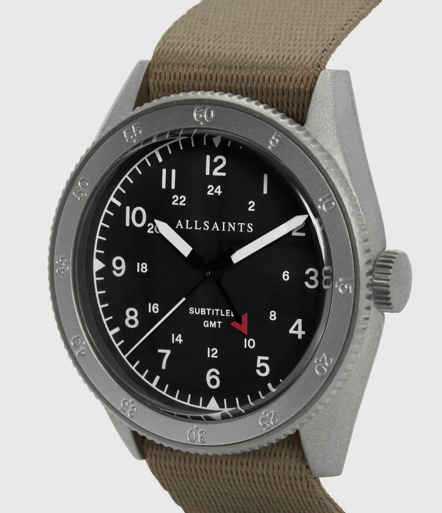 Women'S * | Shop Allsaints Subtitled Gmt Ii Stainless Steel And Grey Nylon Watch