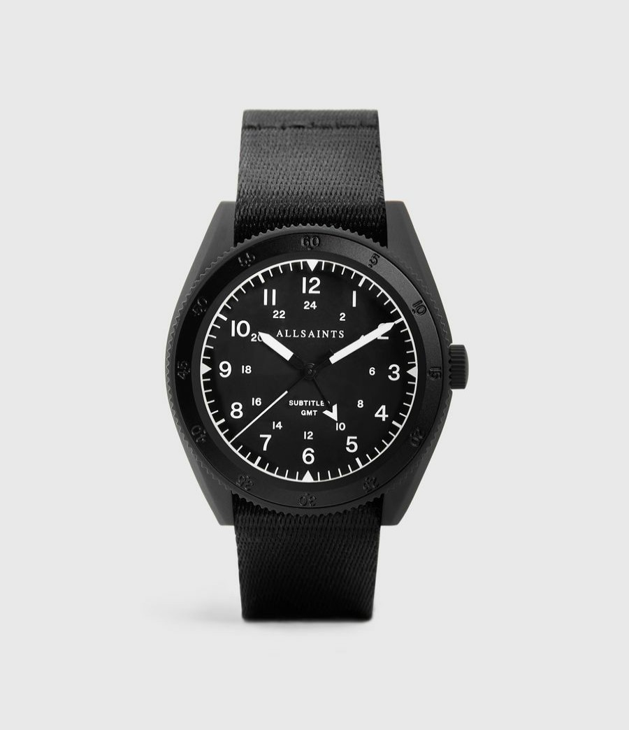 Women'S * | Shop Allsaints Subtitled Gmt I Matte Black Stainless Steel And Black Nylon Watch