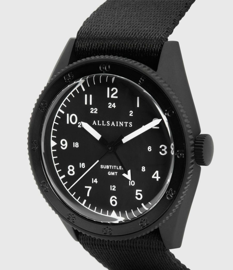 Women'S * | Shop Allsaints Subtitled Gmt I Matte Black Stainless Steel And Black Nylon Watch